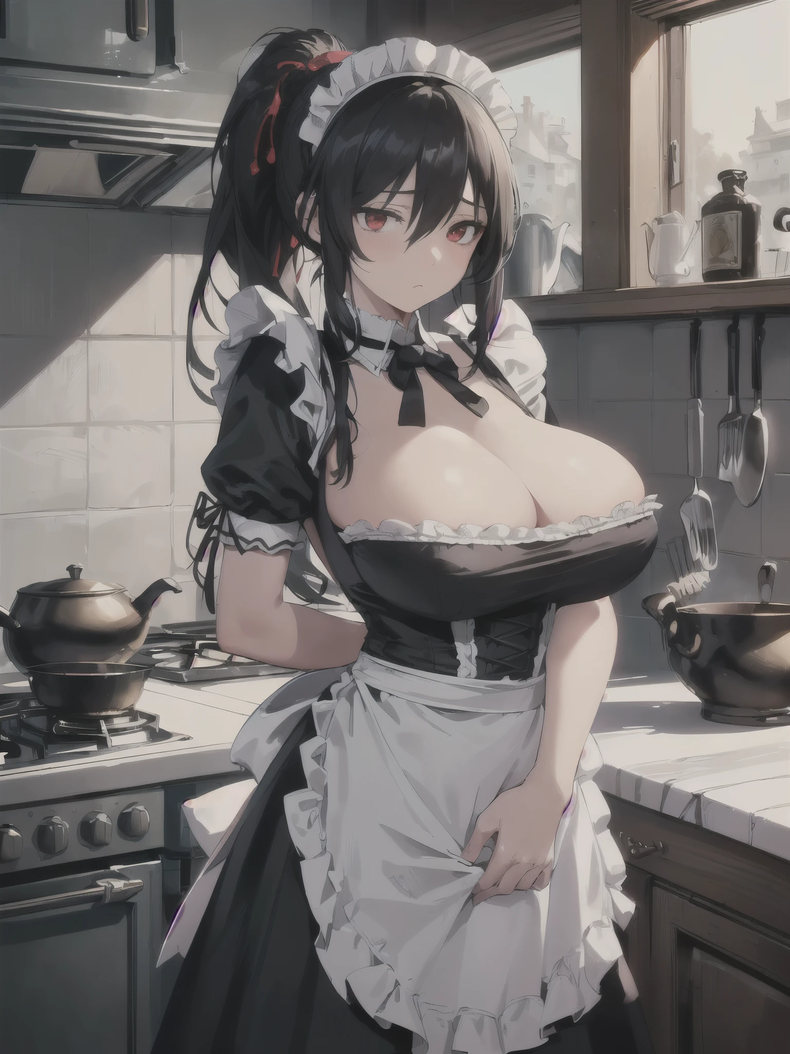 ((best quality)),HUD,8k, (very aesthetic), (Extremely detailed),(best quality), (very aesthetic), (Extremely detailed), (Best Illustration),
(((A woman))),(((Black Hair))), (((Red Eyes))),(((High Ponytail,Long hair,Straight Hair,))),(((Hair between the eyes))),(((Crane plum))),(((Huge Breasts))),
rest,(((Empty eyes))),(((disgust))),
rest,(((Black Victorian Maid Costume,Maid Apron, Maid headdress,Ruffle skirt))),
rest,(((Put your hands behind your back))),
rest,(((Luxury mansion kitchen)))