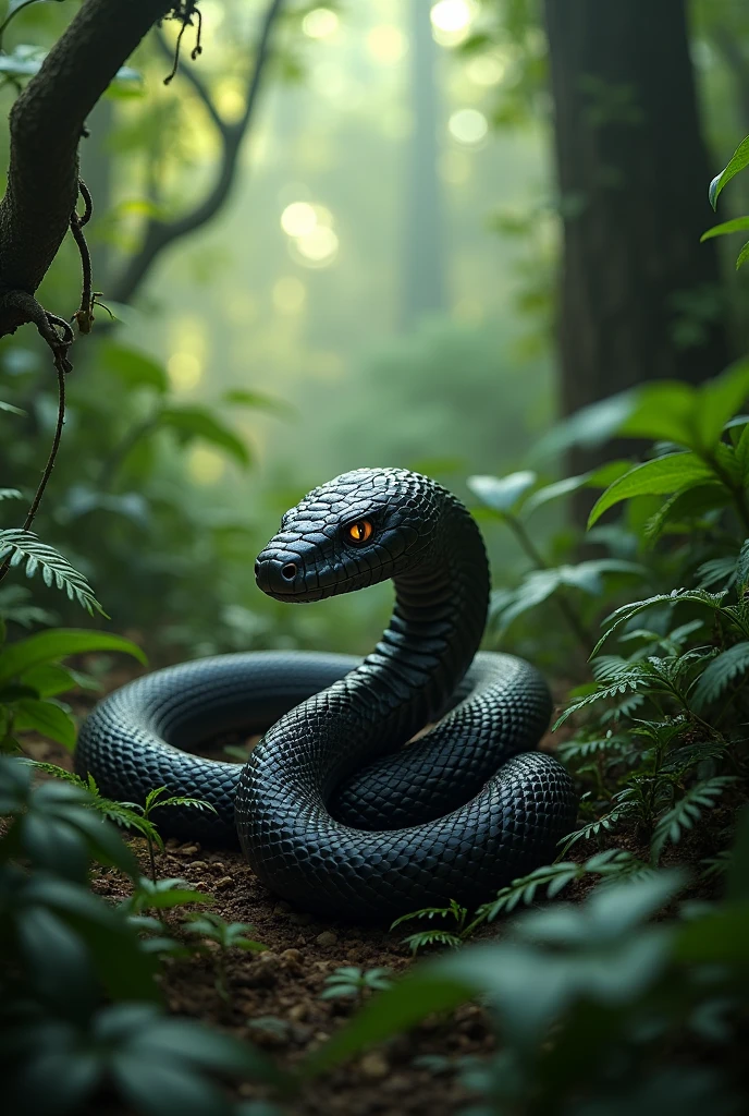 Small snake with big head  dark with closed mouth in the jungle