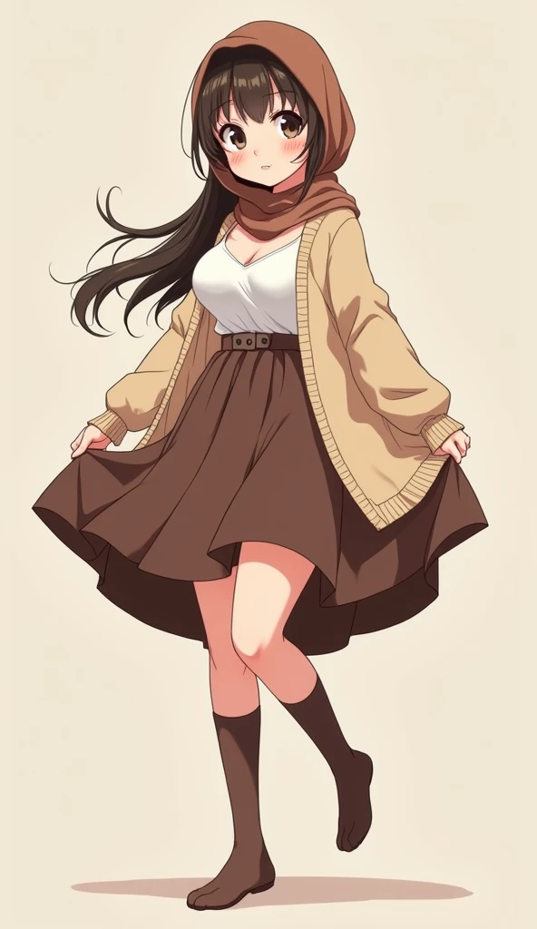 Anime with text:
(masterpiece, best quality, 4k, expressive eyes, perfect face, 2d style, flat style, hand drawn), Cute and adorable face, big detailed eyes,, Cute anime girl, ((big breast, big , thick thighs)), with brown hijab on, ((brown Hijab)), bangs, wearing oversized beige cardigan, white shirt, cleavage, brown skirt, ((brown socks, long socks)), ((no shoes, without footwear)), showing her panties, pulling up her skirt, showing and exposing her legs, upskirt, exposed legs, white underwear, full body view, walking sideways
