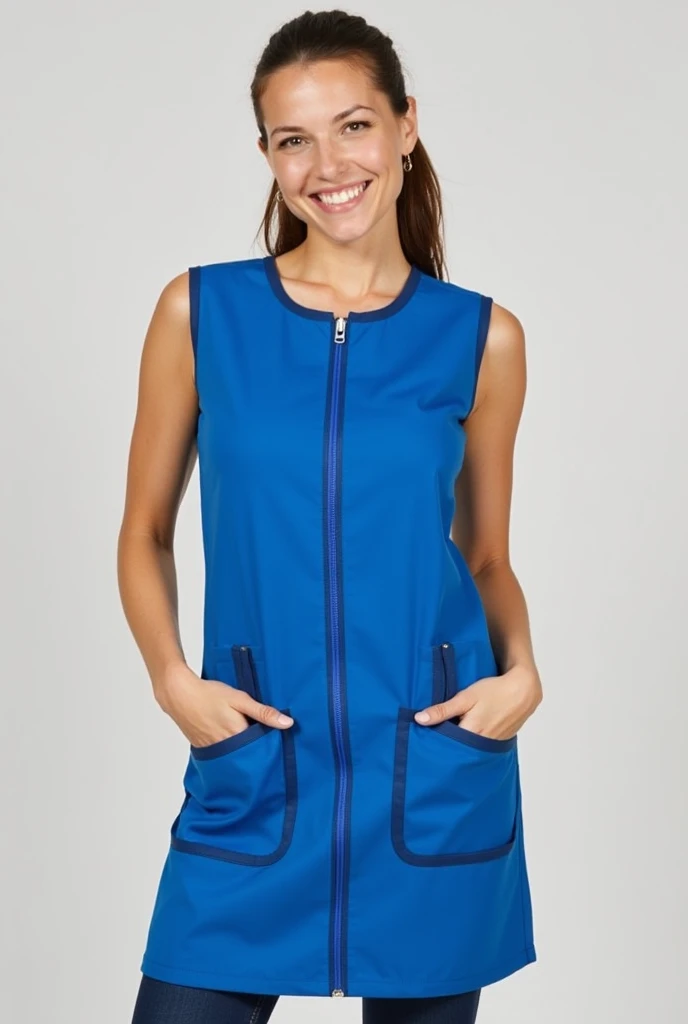 Short fitted sleeveless teacher's smock in French blue, with navy blue and white details on the pockets. Closed at the front with a blue zipper closure. With round neck