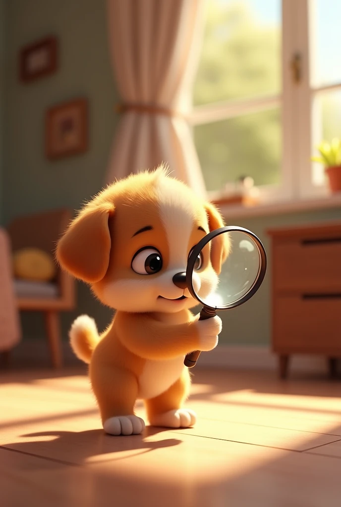 Create an animation of a puppy looking through a magnifying glass