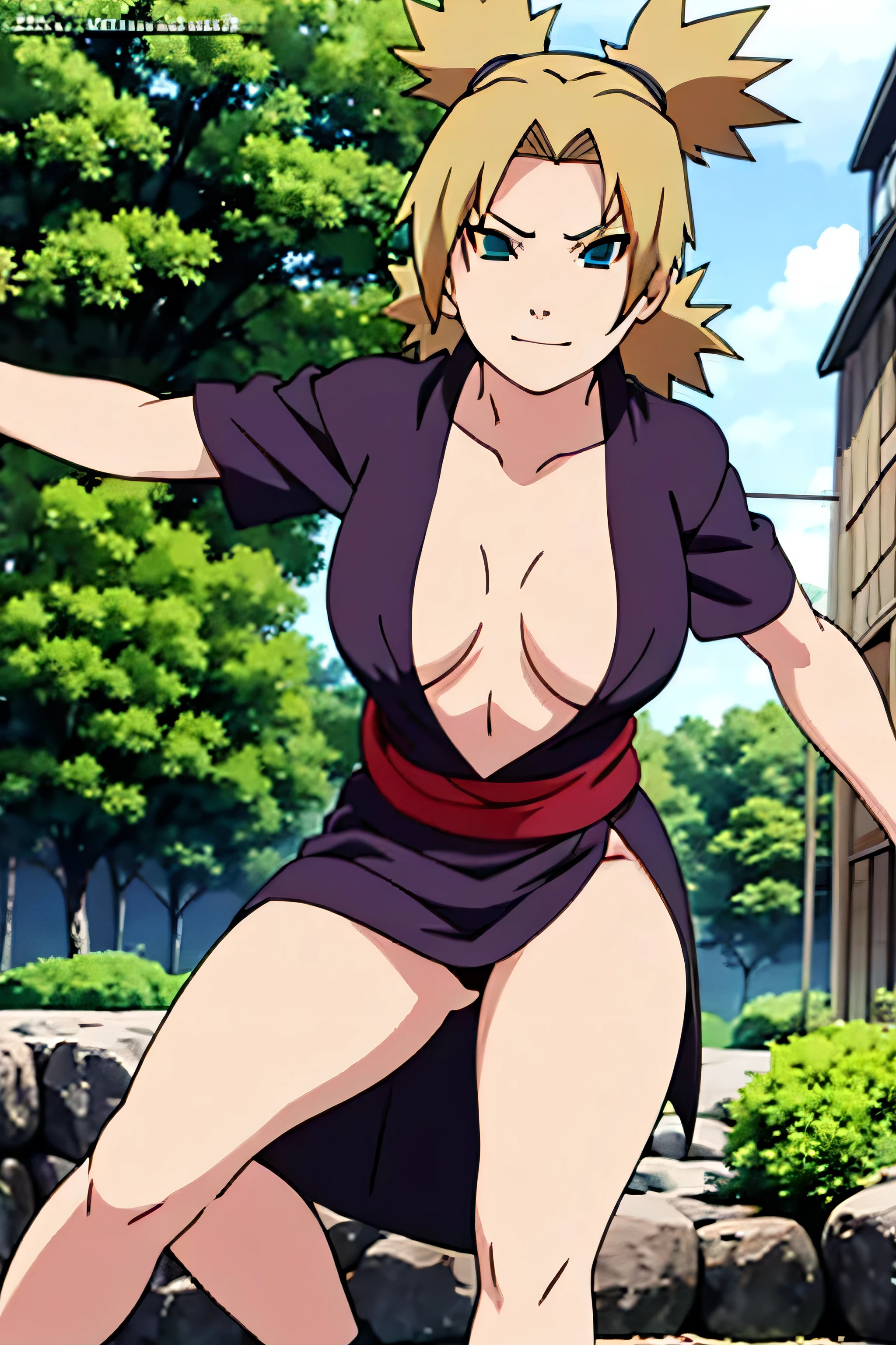 1 girl, ytemari, blonde hair, quad tails, blue eyes, fishnet,black clothes,Black yukata set, sash, line art, laugh, front view, stand,Adjusting the skirt, bright colors, Masterpiece, best quality, high definition, Spread your legs,Facing straight ,Spread your legs,In the forest,smile,Condescending glance,open shirt,Medium boobs,Beautiful nipples,Shirt handle,Leg lift,stand,voluptuous