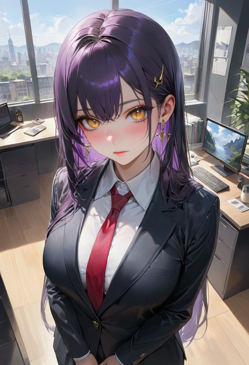 Long smooth straight black hair, inner colored dark-purple hair, golden eyes, standing in office uniform,masterpiece, super detail, best quality, 8k,semi-realistic