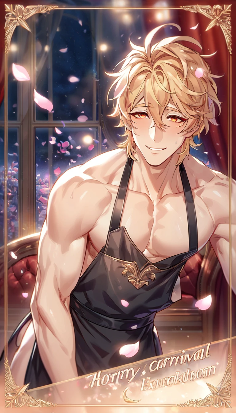 absurdres, highres, ultra detailed, HDR, master piece, best quality, detailed face, detailed eyes, Quincy, blonde hair, messy hair, expressive orange eyes, Nu Carnival, solo, sexy man, handsome, horny, lewd, smile, he is only wearing a black apron and nothing else, toned, luxurious room, night, window, red curtains, petals, magical, fantasy