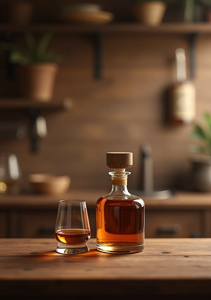 photography realistic, announcement, from front view, Products, create a blurred background that matches whiskey and a wooden foreground table