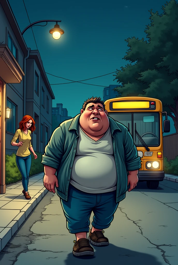 Funny chubby driver arriving drunk and smelly and dragging himself home with a crashed bus in the middle of the night and his wife yelling at him