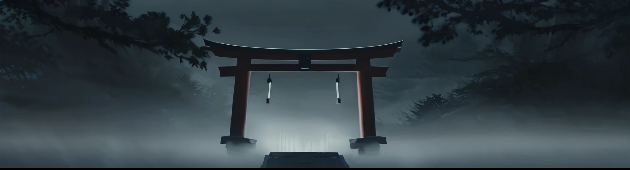 A haunting and atmospheric banner for a Japanese urban legend-themed channel, depicting a misty, moonlit night in a dense, ancient forest. The foreground should feature a narrow, shadowy path winding through the trees, with ghostly figures and floating lanterns partially visible among the mist. In the background, a large, ominous shrine gate (torii) should loom, half-hidden by the fog. The title 'Urban Legend Japan' should be written in glowing, spectral white letters at the top of the banner, with a subtle motion blur effect to suggest ghostly movement.The scene should be bathed in a cool, pale blue light from the moon, with the fog slightly illuminated to create depth and atmosphere. The camera angle should be slightly tilted from above, giving a view down the shadowy path leading to the shrine gate. The lighting should create long, eerie shadows, with the floating lanterns providing small, warm glows to contrast the cool tones of the scene.