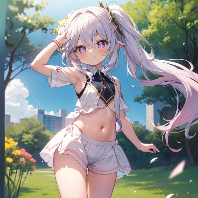 Best Quality, top-quality、(cute petit girl:1.3),Beautiful pink eyes、flat chest、Lori、(Cuteness beyond limits)、Shining thighs、((Cute smile))、tied up with a collar、Cute lingerie、Show your belly button