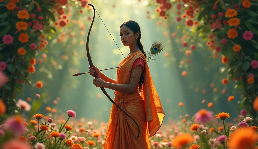 A Kerala girl in a silk dress and skirt, flowers are falling in the background, a bow and arrow with a bloody bow made of peacock feathers. With 8k clarity