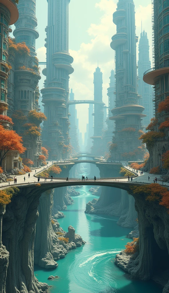 "A stylized 3D scene of a floating, upside-down city with gravity-defying rivers flowing upwards into the sky