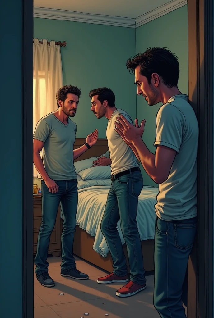 3 men getting yelled at from the bedroom