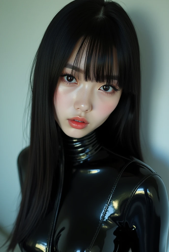 Japanese women、1 person、Shiny straight black hair、Large, narrow eyes、Narrow face、shiny rubber suit、Exposed skin in various areas、Gaze forward、White skin、Close between the eyes、foot