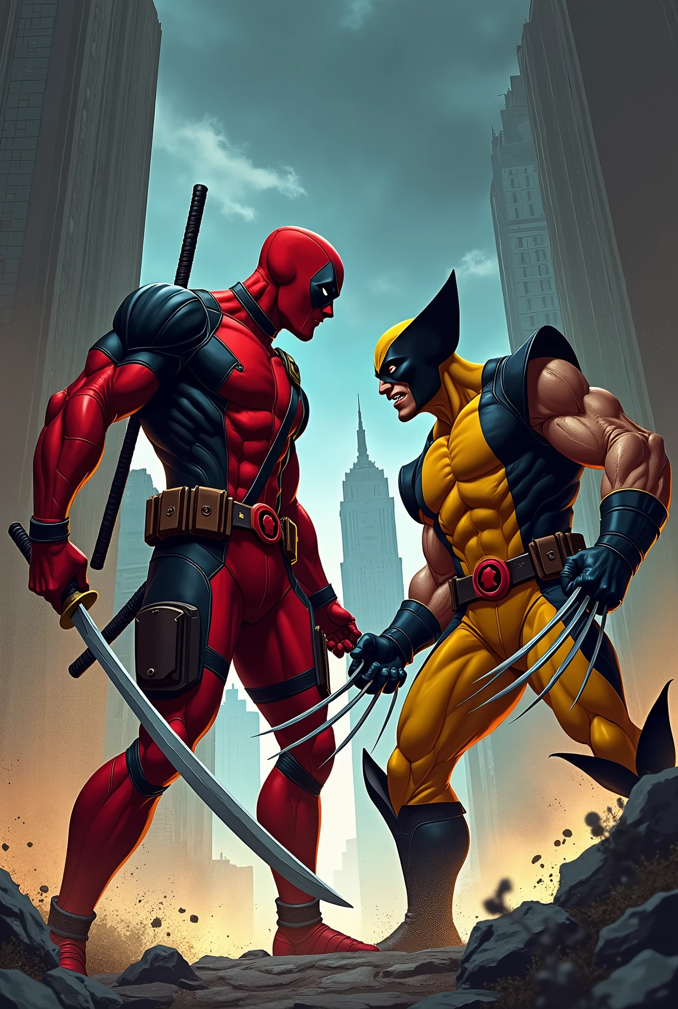 Cartoon deadpool and classic wolverine from marvel action scene