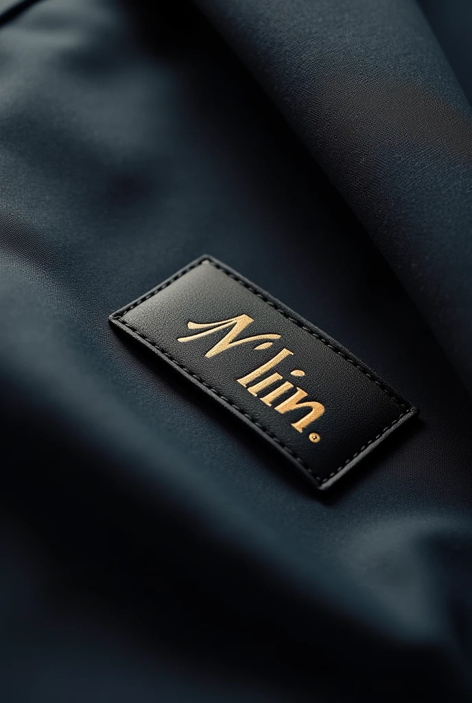 A close-up image of a clothing label on a high-quality, luxurious garment branded as "N'lin." The label should be made of fine fabric, stitched with precision, and should exude a sense of sophistication and luxury. The background of the label should subtly reflect the quality of the garment, with soft lighting to enhance the texture and elegance of both the label and the fabric