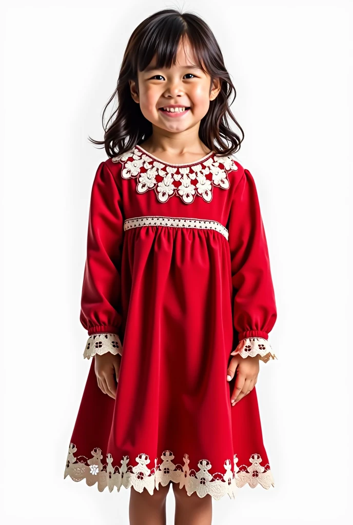 A  dressed in a red dress with long sleeves and white lace, happy, glad. Full body white background