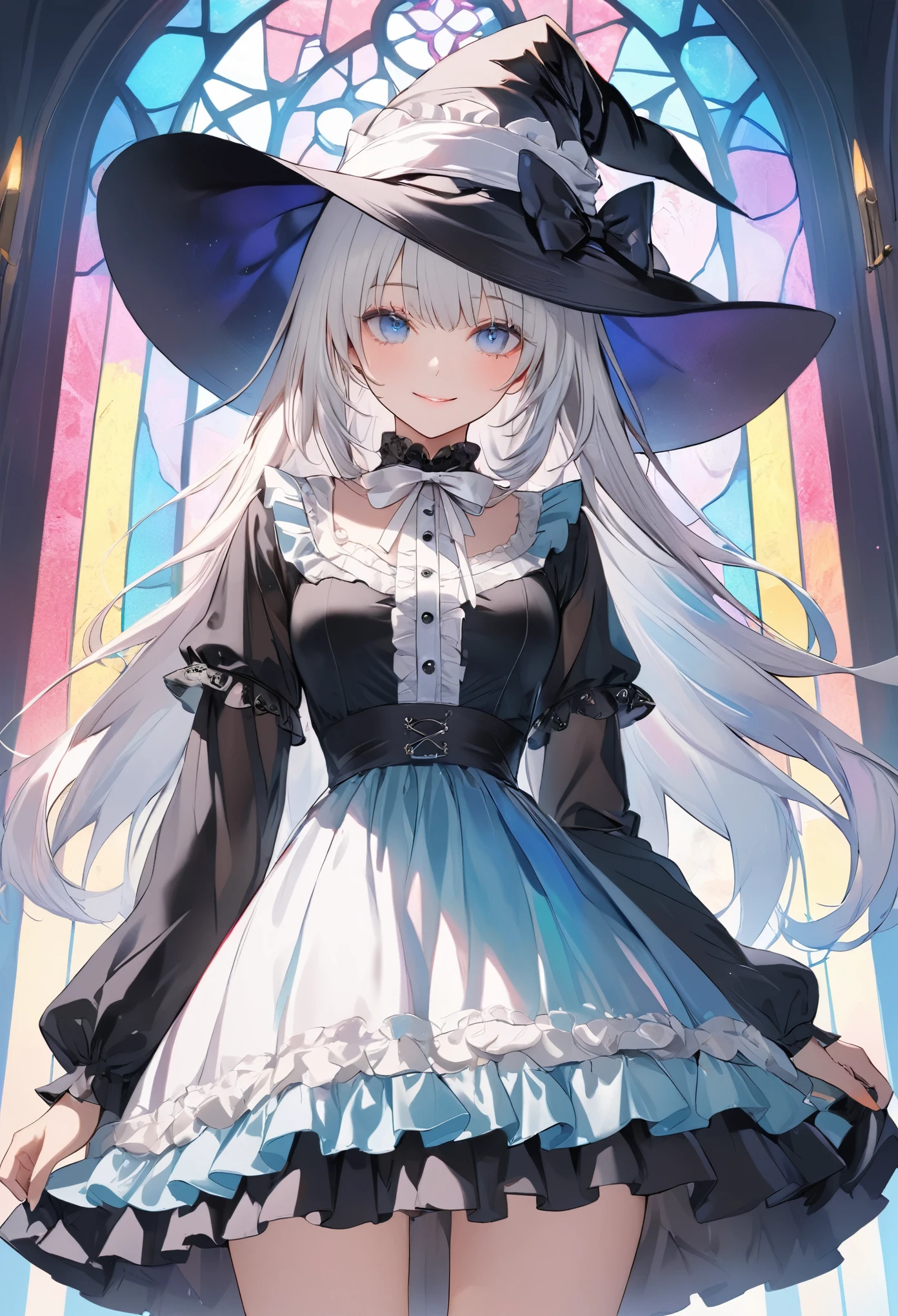(transparent blue theme art),(top-quality),(masterpiece),(cowboy shot:1.5),((arms behind side)),Silky to the touch,Hyper Detail,(1 girl),(solo),Delicately drawn face,girl with a pretty face,beautiful detailed transparent blue eyes,beautiful detailed black witch hat with white ribbon ornament,beautiful detailed pastel black ta witch fashions with ruffles,((pastel skirt with ruffles)),((Long sleeve white and black costume)),(Beautiful silky white hair:1.3),pale skin,a beautiful transparent illustration,pastel black theme,beautiful smile,frontal face,soft gradient,((standing in front of pastel glass art wall)),(((stained glass is colorful pastel)))