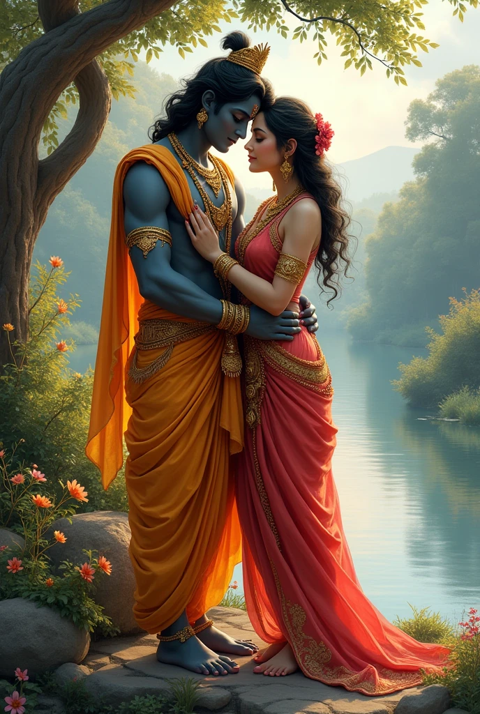 Radha Krishna around river

