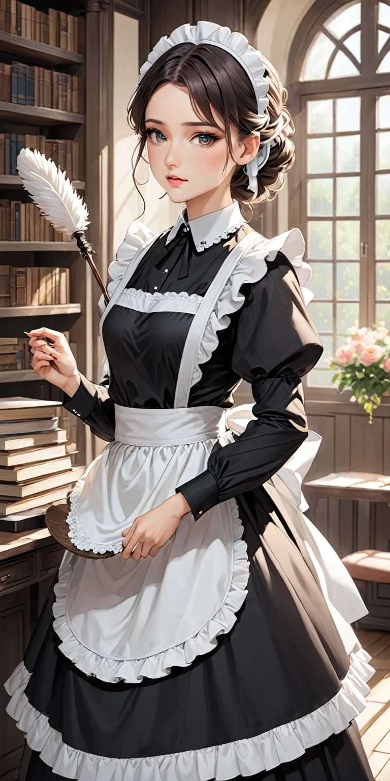 A young, delicate French maid named Elise Moreau, aged 23. She has a soft, gentle demeanor and a submissive posture, exuding loyalty and attentiveness. Elise has dark brown hair neatly pinned up, with a few loose strands framing her face, and soft brown eyes. She wears a classic French maid outfit consisting of a black dress with a crisp white apron, a white lace headband, and modest black shoes. Her expression is shy yet warm, with a slight blush on her cheeks. Elise is standing in an elegant study room with polished wooden floors, tall bookshelves filled with books, and a large window allowing warm sunlight to filter in, casting a soft glow across the room. She holds a feather duster in her hand, ready to attend to her duties. The atmosphere is calm and refined, reflecting the quiet sophistication of the setting.