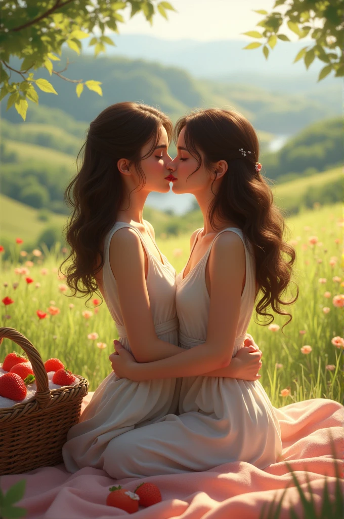 two beautiful young girls kissing on a picnic 
