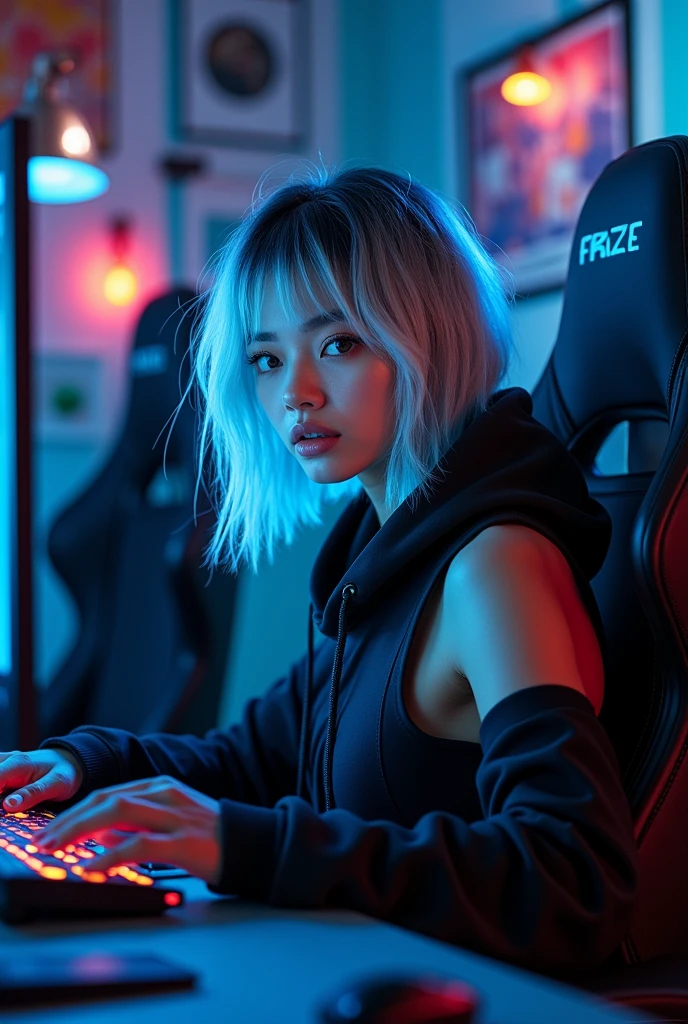 She look at camera, A beautiful and sexy 25 yo girl with an edgy silver and black bob haircut, big breast, her eyes shone with the bright light of the high-resolution computer screen. He was deeply involved in the fast-paced, futuristic cyber game, his fingers nimbly dancing across the keyboard as if it were an extension of his own mind. The sleek black frame of his gaming setup contrasts sharply with the electric blue streaks in his hair, which seem to reflect the digital world he's immersed in. Her skin-tight outfit was a mix of comfort and style, wearing a matching colorful gaming chair and a bright metallic-accented sleeveless hoodie that complemented her hair color scheme. The backdrop is a mix of dim lighting and colorful neon accents, creating an atmosphere of intense focus and digital escapism. The room is full of posters of his favorite games, shining in the dim light, and various gaming paraphernalia, showing his love for cyberspace. His concentration was evident as he strategized, his eyes flickering between the screen and the complex game controls before him. The scene is a dynamic portrait of a cyber gamer in his element, a modern warrior navigating the digital battlefield with skill and grace.