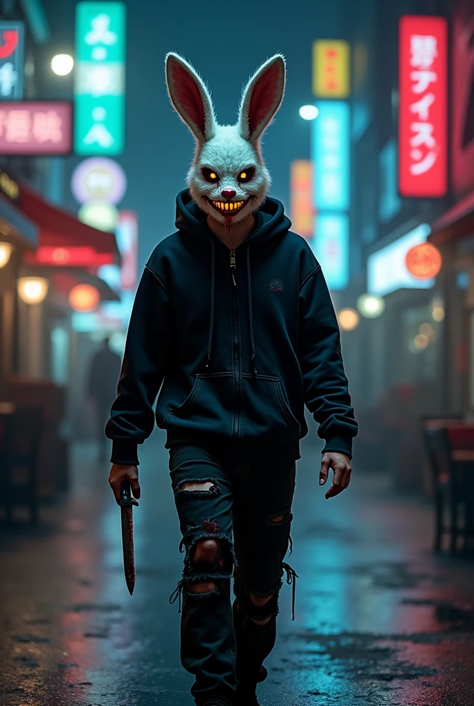 lizoldBS_soul3142,1 male, furry White bloody rabbit mask with creepy smile and yellow bloody teeth , completely Black hoodie, standing in the city street at night, neon lights in the background, steampunk, dystopia, ethereal, detailed, masterpiece, best quality, dramatic lighting, full body, torn Black pants, blood stains, walking to camera, knife in the right hand