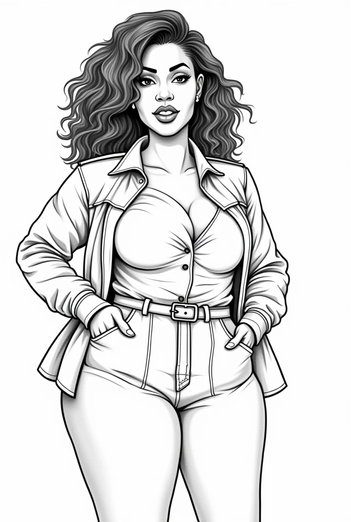 Black Fat girl/women Beauties Portrait Coloring Pages for adults, Full body clothing, different style clothes , white skin, Fat Black Woman Grayscale Coloring Book, White Background, no shadow on image, outline body, best quality, masterpiece, detailed, perfect face