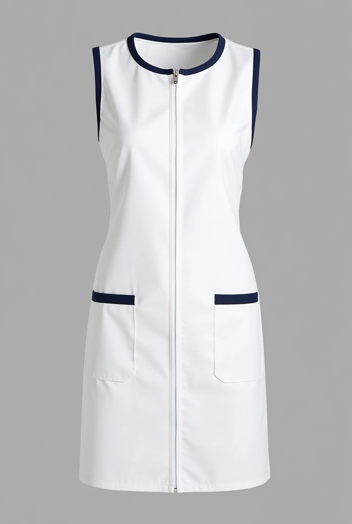 White short fitted sleeveless teacher smock, with navy blue and white details on the pockets. Closed at the front with a white zipper closure. With round neck