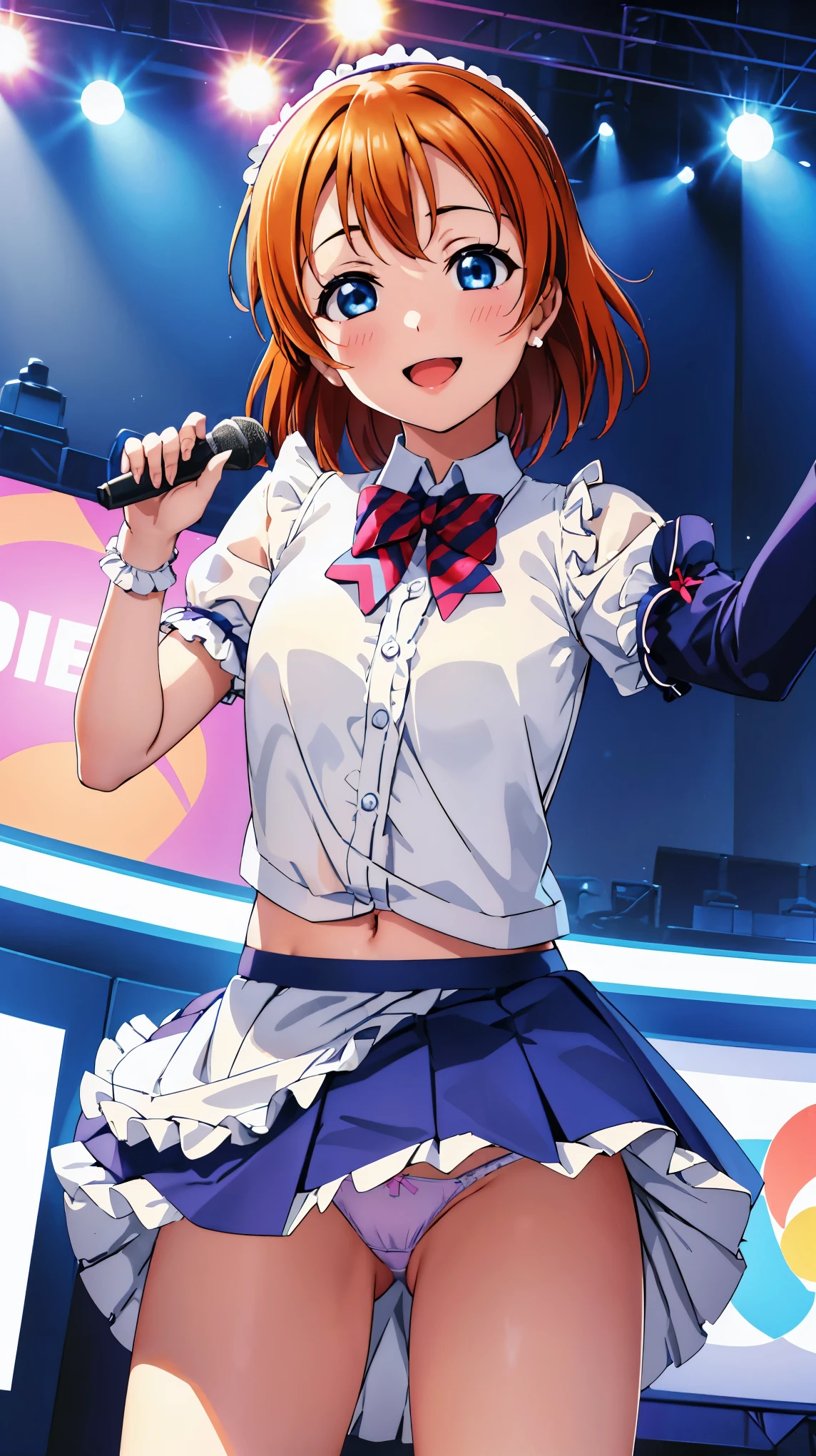 (((Pixel perfect, perfect detail))), (((Underskirt angle view, panties visible,))), solo, solo girl, Honoka Kosaka, (idol costume: 1.0), (lolita fashion: 1.0), viewer's point of view, smiling, μ's, Love Live! stage, singing, (tuck skirt 1.3), (white panties: 1.3), (panties with ribbon), (ruffled panties: 1.3), (fullback panties: 1.3), (low angle), blue eyes, orange hair, one-side up hair, short hair, (spread legs: 1.0)