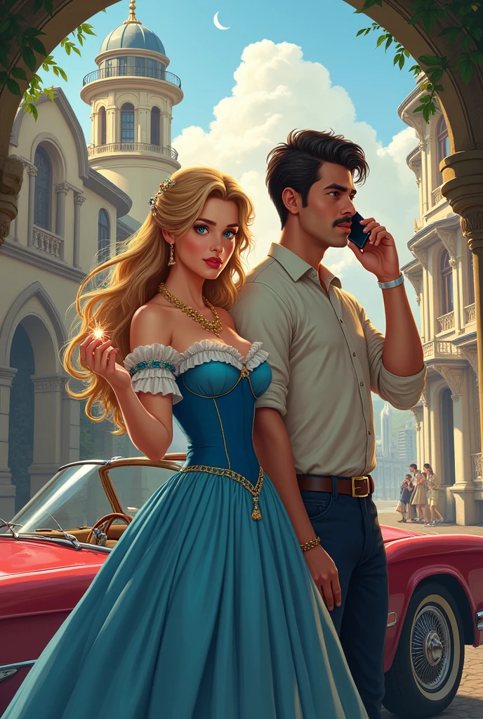 Create the cover for my book A Princess in Turkey for me. Put the title in Brazilian Portuguese and my author name, Kelly Ramos. Add a building in the background, a convertible car, a princess dressed in dresses from around 1910 to the book cover. , his dark blond hair and blue eyes with a magic ring in his hand and a man dressed in casual clothes handsome and masculine man holding a cell phone talking in his ear make the image as human as possible very realistic