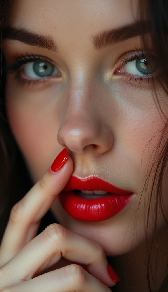 super close up photo, very detailed, high resolution, face of a beautiful woman, covering part of lips with perfect fingers, beautiful red nails, ultra high definition, 64K