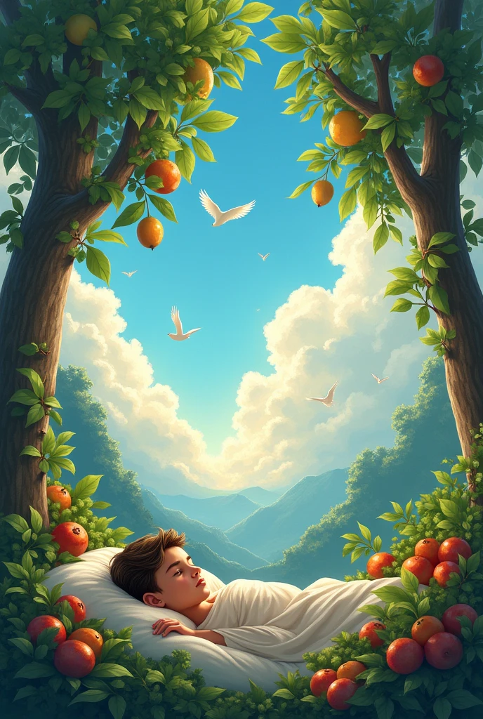 A boy without mustache and beard dreaming his beautiful heaven include , birds, trees with beautiful fruits 