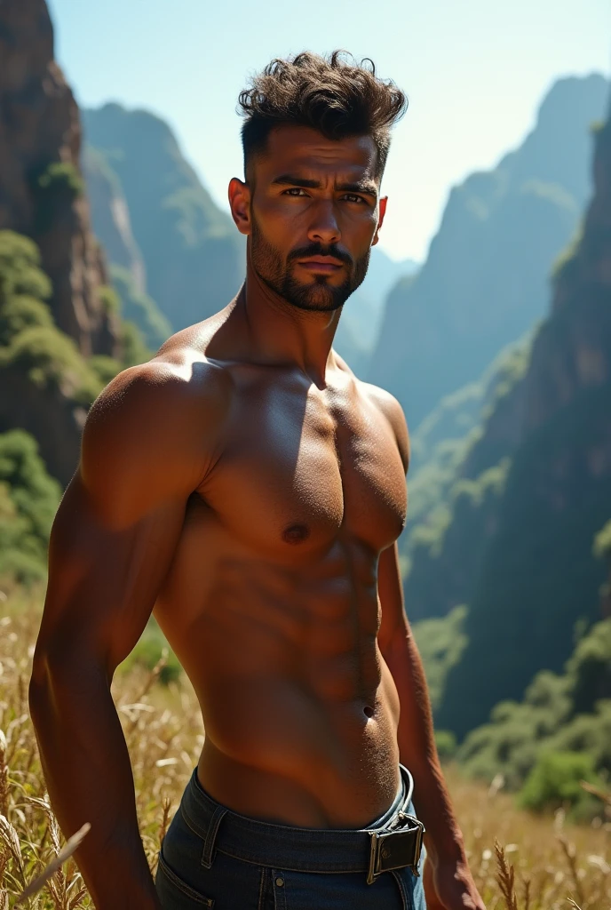 hot sexy Brazilian man, shirtless, standing in the mountains, dramatic landscape, vibrant colors, detailed facial features, soft natural lighting, hyperrealistic, cinematic composition