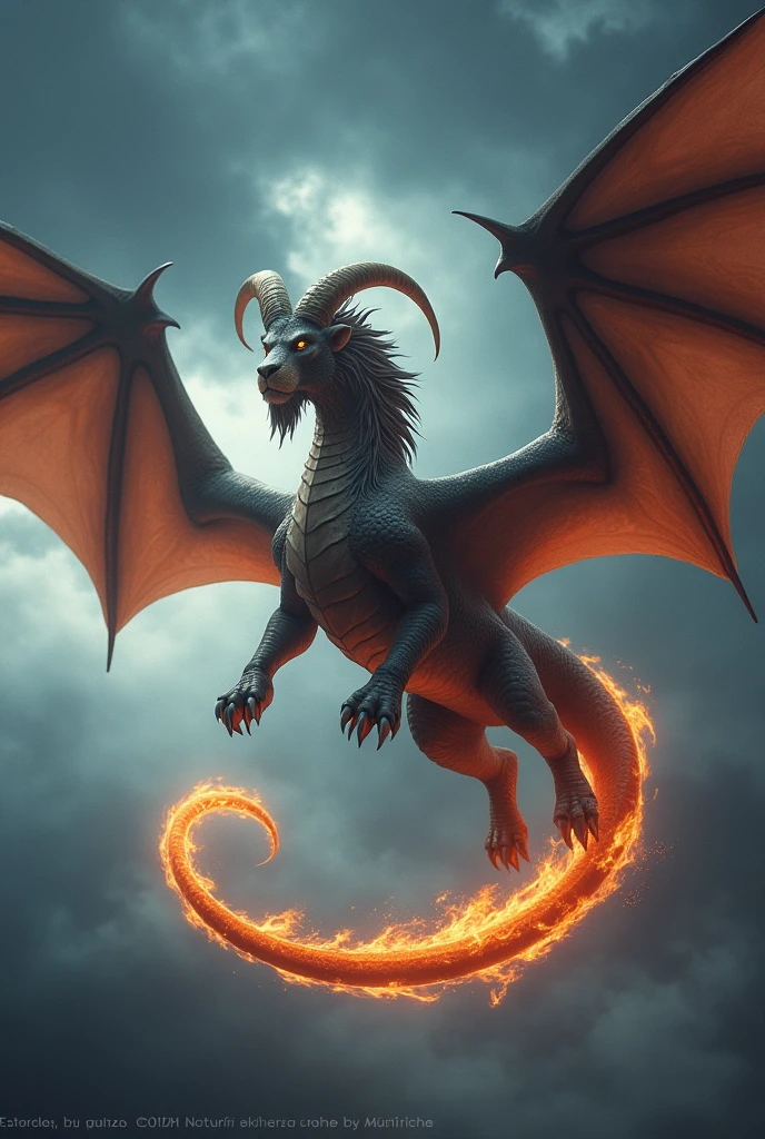 A photo of a dragon with 2 heads, lion head and goat head, with bat wings, tail in fire