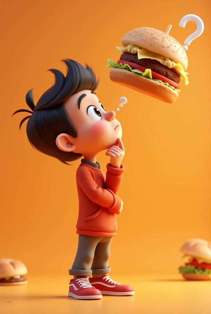 A person thinking about what to eat, looking up, cartoon 3d, for a food advertisement