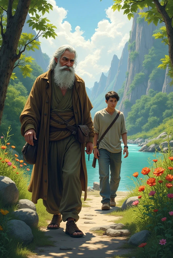 An old wisdomic man leading A young ambitious man from the city to a riverbank