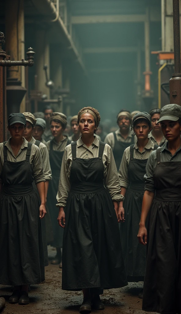 A group of female factory workers, wearing period-appropriate work clothes, late 19th century, in a dimly lit industrial factory with equipment and toxic chemicals, laboring intensely amidst grimy walls and machinery in the background, medium shot, photo realism, cinematography. The camera lens should be 200 mm, aperture f/4.5, ISO 1600. Artistic medium: color photography.