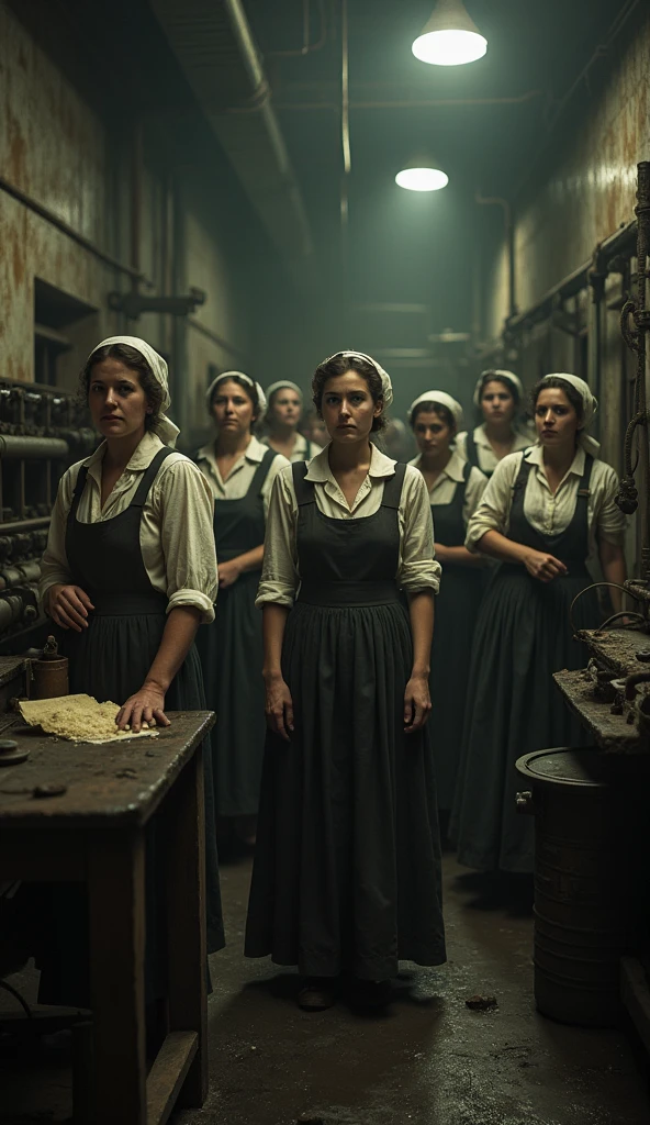 A group of female factory workers, wearing period-appropriate work clothes, late 19th century, in a dimly lit industrial factory with equipment and toxic chemicals, laboring intensely amidst grimy walls and machinery in the background, medium shot, photo realism, cinematography. The camera lens should be 200 mm, aperture f/4.5, ISO 1600. Artistic medium: color photography.
