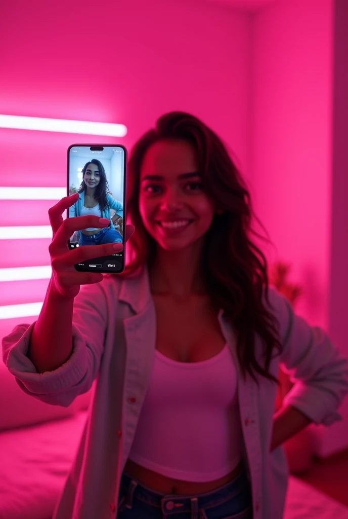 Latina teen taking a selfie in a room with realistic pink LEDs
