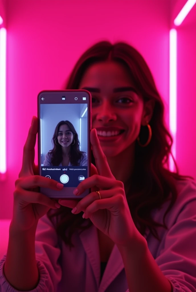 Latina taking a selfie in a room with realistic pink LEDs