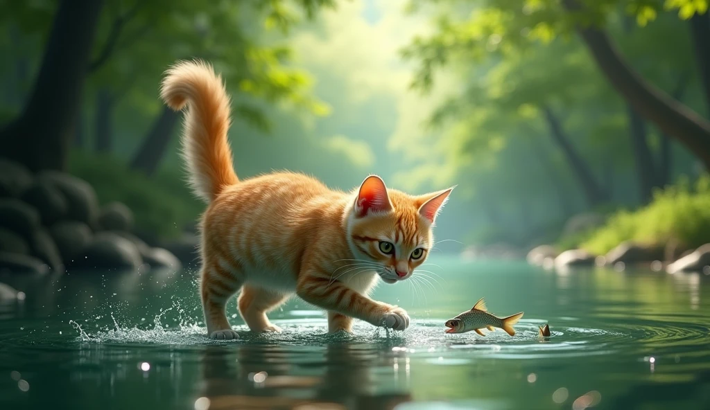 (photorealism:1.2)a lonely cat playing happily with small fish in a small river with crystal clear water, surrounded by trees