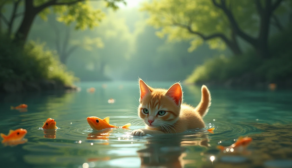 (photorealism:1.2)a cat playing happily with small fish in a small river with crystal clear water, surrounded by trees