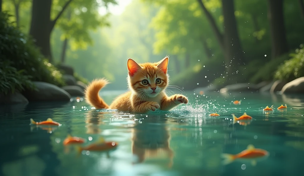 (photorealism:1.2)a lonely cat playing happily with small fish in a small river with crystal clear water, surrounded by trees