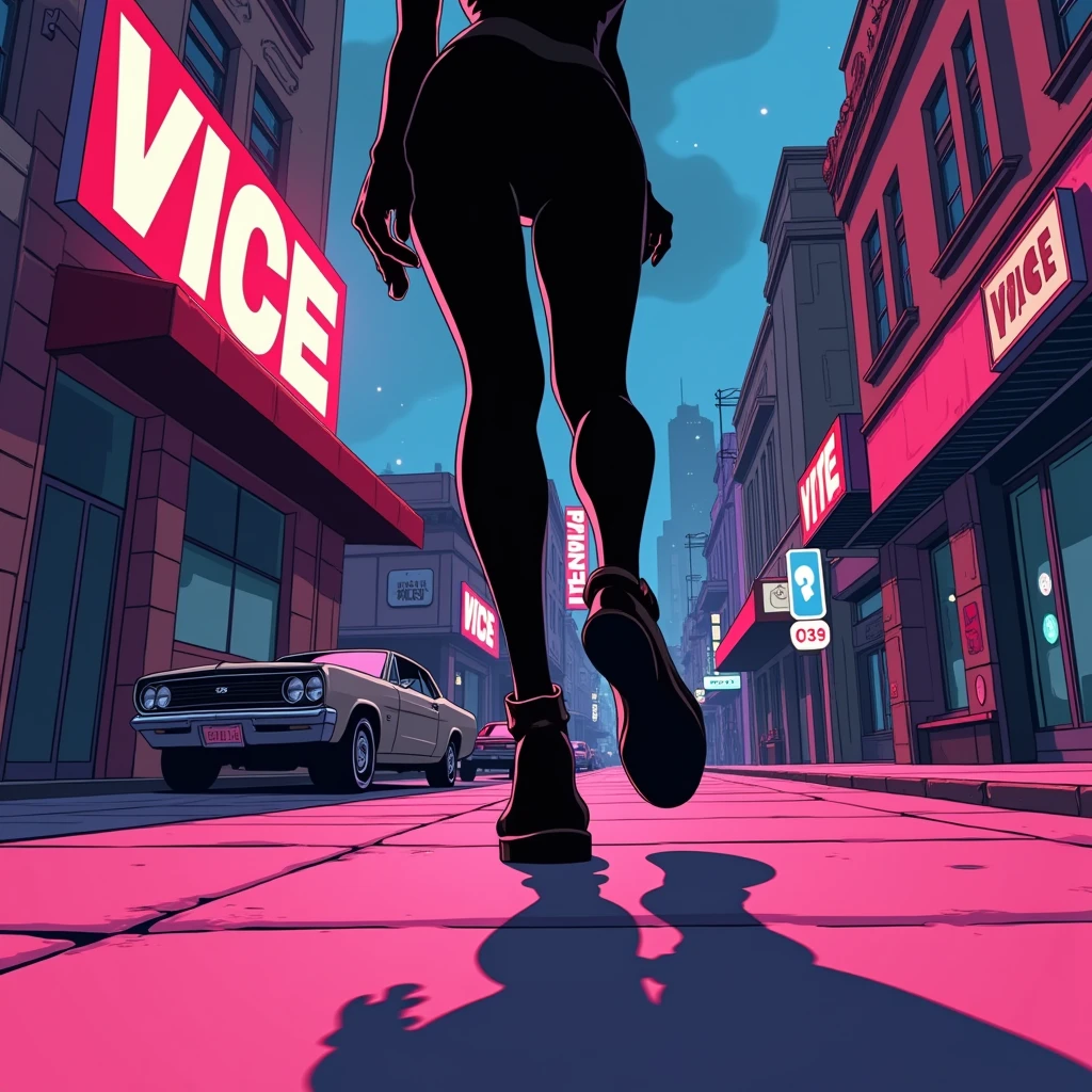 Black shadow of a beautiful woman on the sidewalk showing her shoes to the camera hip hop cartoon style, Vice City GTA, pink and blue street background (view from below), (Stepping on the viewer)
