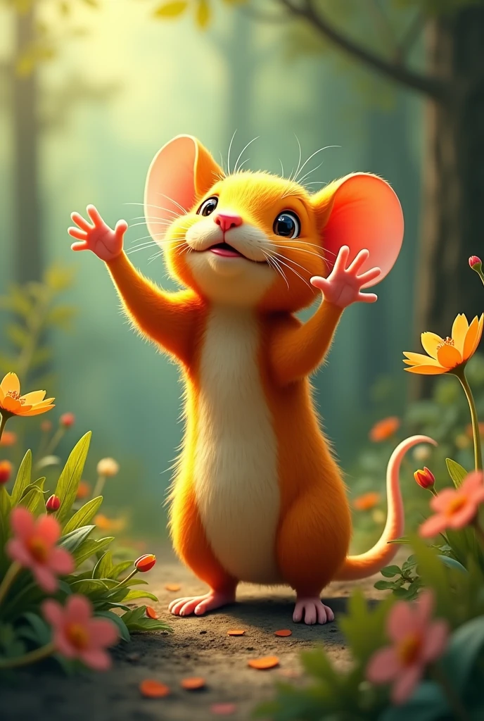 There is a orange colored mouse which is standing and spreading both its hands and feeling the beautiful natures around