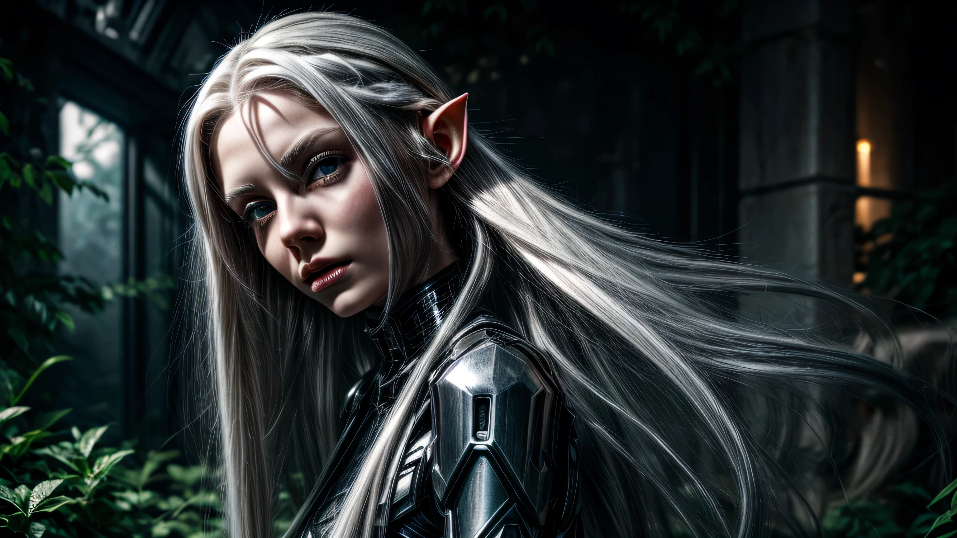 cybernetic elf girl, long platinum hair, light dark garden