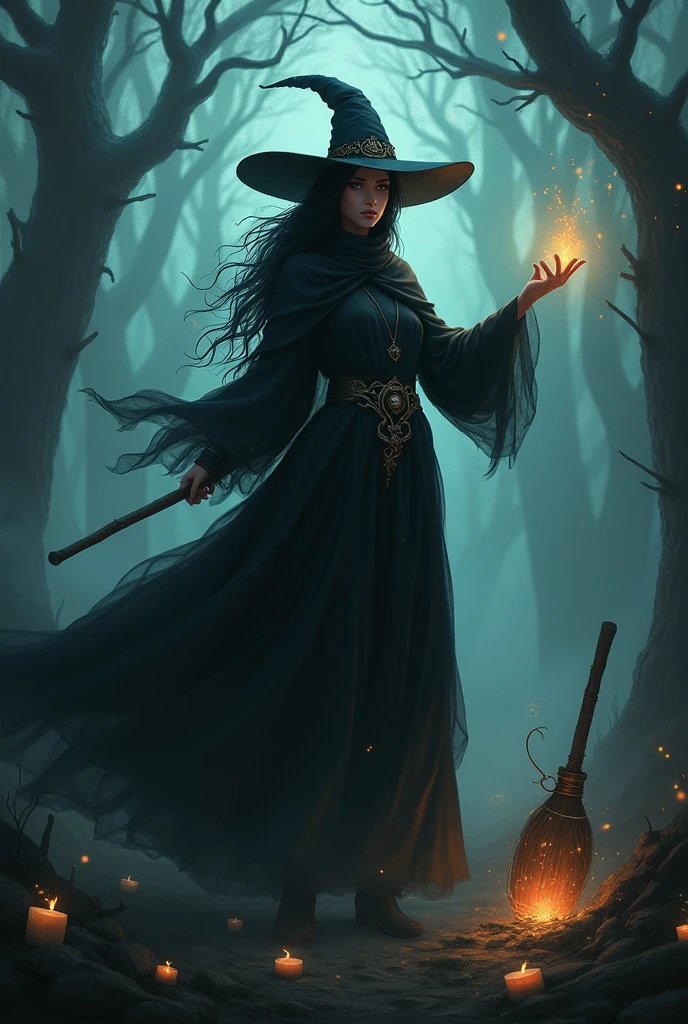 A dark, enchanted forest setting with a mysterious witch casting a spell, her long black cloak swirling around her, a pointed hat perched atop her head, and her broomstick hovering nearby, surrounded by glowing potions and mystical symbols in the air.