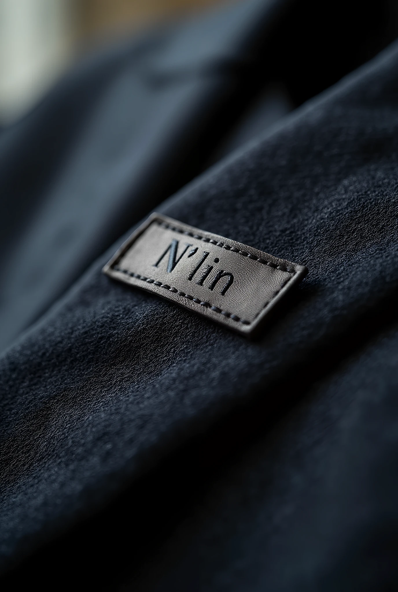 A close-up image of a clothing label on a high-quality, luxurious garment branded as "N'lin." The label should be made of fine fabric, stitched with precision, and should exude a sense of sophistication and luxury. The background of the label should subtly reflect the quality of the garment, with soft lighting to enhance the texture and elegance of both the label and the fabric