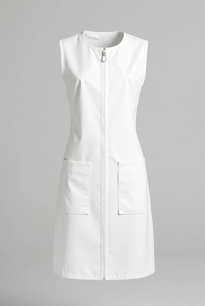 White short fitted sleeveless teacher smock, with white details on the pockets. Closed at the front with a white zipper closure. With round neck