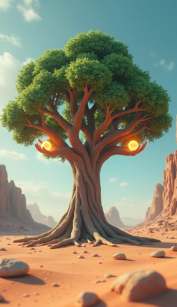 "A stylized 3D animation of a tree with human hands for branches, each hand holding a glowing orb, growing in a barren desert."