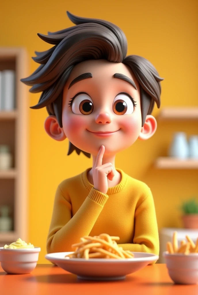 A person thinking about what to eat, looking up, facing the camera, cartoon 3d, for a food advertisement


